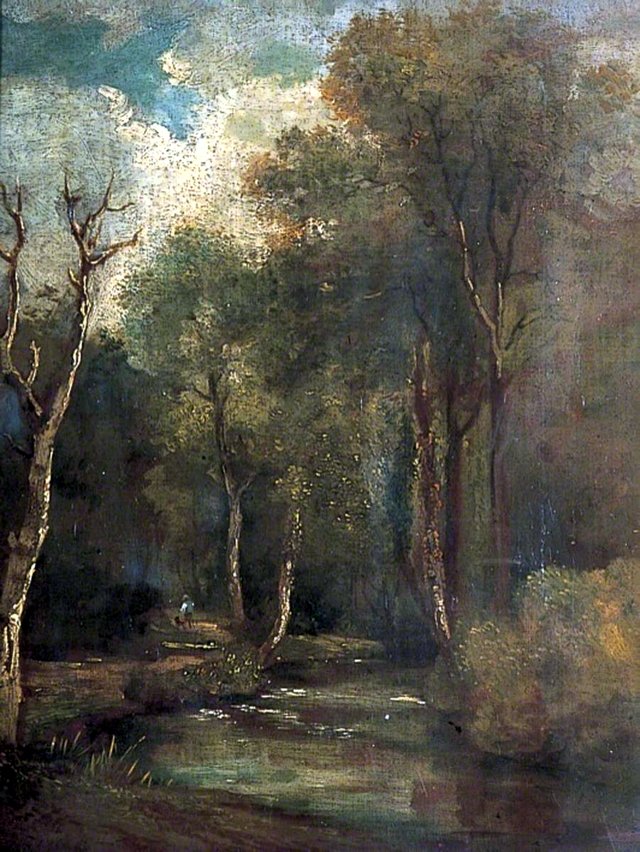 Woodland Scene with a Stream, a Man and a Dog by John Sell Cotman