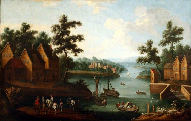 An Extensive River Landscape with Boats and Elegant Figures by Peeter Gijsels