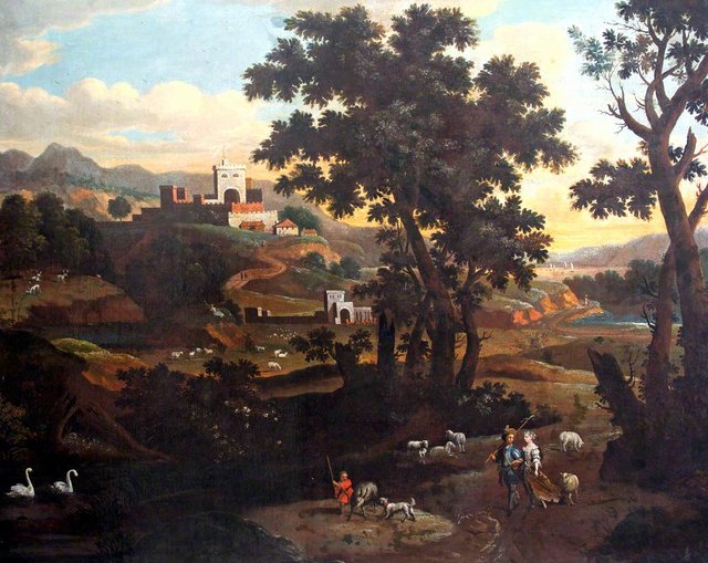 An Italianate Landscape with Figures by Johannes Glauber