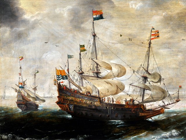 Four-masted ship flying the flag of Zeeland, another vessel beyond by Andries van Eertvelt