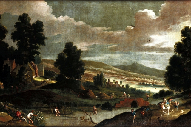 Landscape with wayfarers and fishermen by Cornelis de Wael