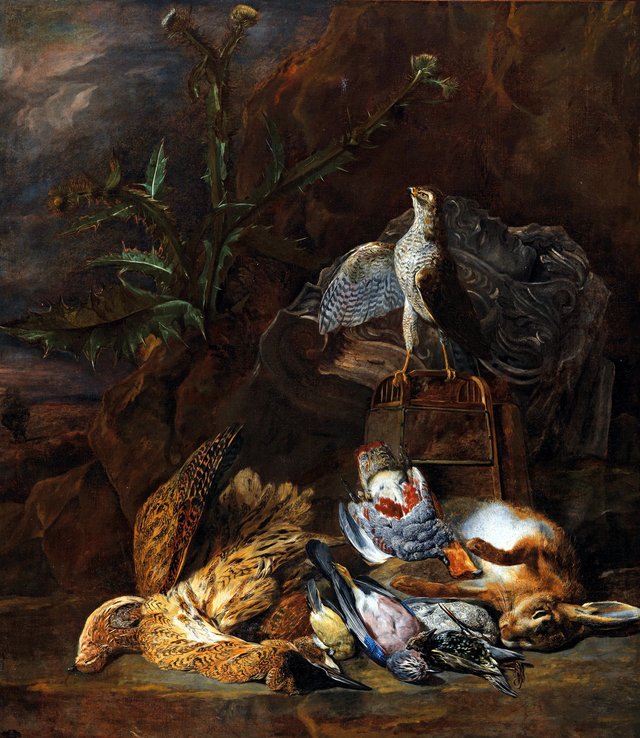 Hunting still life with wildfowl, a hare and a falcon by Pieter Boel