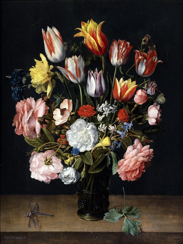 A still life of tulips, roses, bluebells, daffodils, a peony and other flowers in a glass roemer on a wooden ledge with a dragonfly by Jacob van Hulsdonck