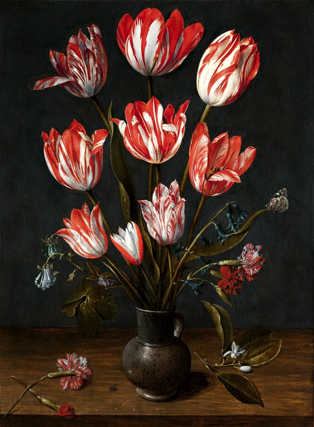 Tulips and carnations in an earthenware vase by Jacob van Hulsdonck