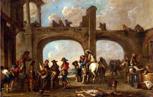Courtyard scene with soldiers returning from battle by Cornelis de Wael