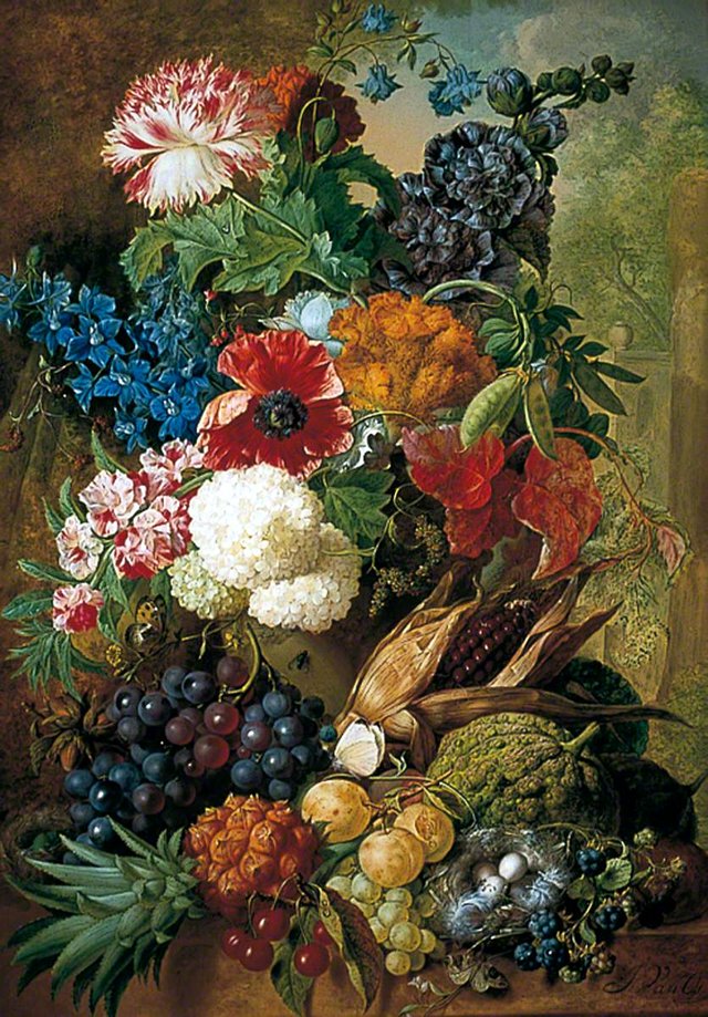 Still Life of Fruit and Flowers with Bird's Nest on a Marble Ledge by Jan van Os