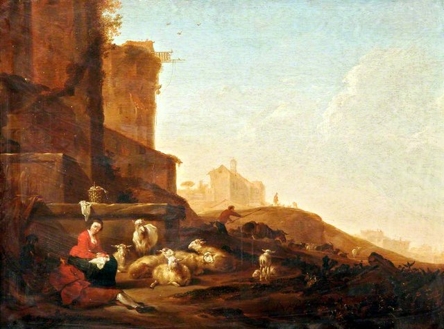 A Shepherdess with Sheep beneath the Walls of Rome, Other Figures and Buildings Beyond by Willem Romeyn