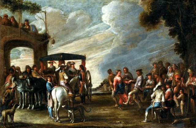 Landscape with ladies descending from a carriage before a tavern, together with figures merrymaking and dancing by Cornelis de Wael
