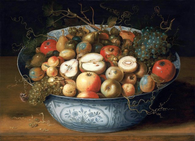 Chinese bowl with apples, plums, grapes and nuts by Osias Beert