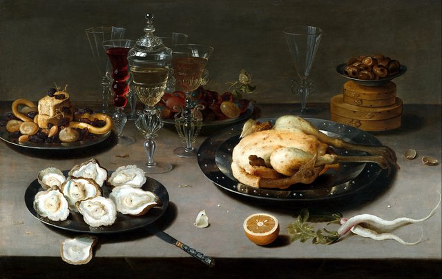 Still life with oysters, roasted chicken, sweets and dried fruits by Osias Beert