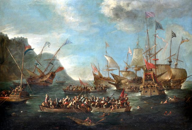 A naval battle between Christian and Turkish ships by Cornelis de Wael