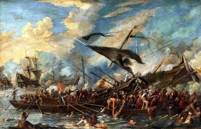A naval battle by Cornelis de Wael
