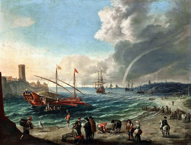 Mediterranean coastal landscape with a embarking galley and ships lying in the roads by Cornelis de Wael