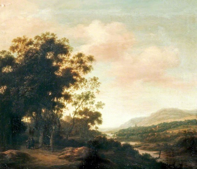 An Extensive River Landscape with Figures on a Road, a Wood to the Left by Herman Saftleven