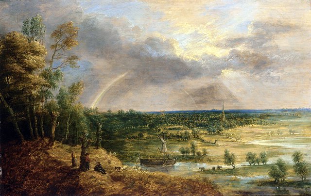 Panoramic river landscape with a rainbow by Lucas van Uden