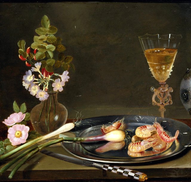 Still life with shrimp, ramps, flowers and a glass vase by Frans Ykens