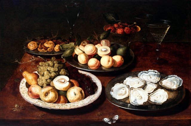 Still life with oysters, fruit and glasses on a table by Osias Beert