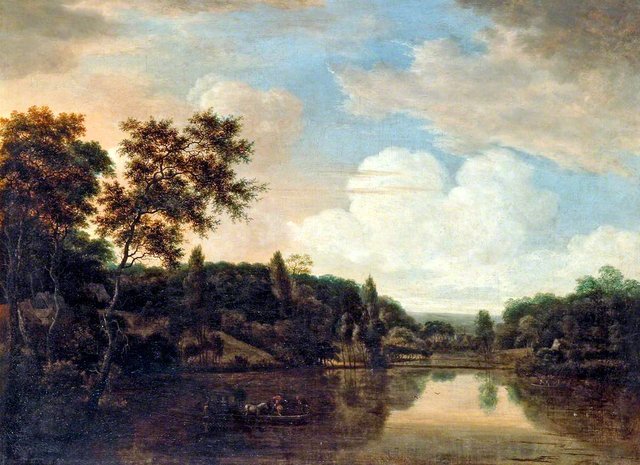 Ferry Boat on a River, Trees on a Hill to the Left by Hendrick Cornelisz Vroom
