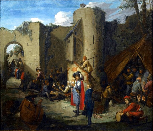 An officer reading a letter in a military encampment beside the walls of a castle by Joos van Craesbeeck