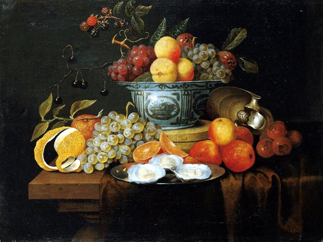 Fruit still life with a wan-li bowl and oysters on a plate by Joris van Son
