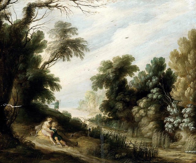 Wooded river landscape with Venus and Adonis by Alexander Keirincx