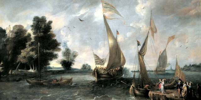 River view with boats, a pier and figures by Andries van Eertvelt