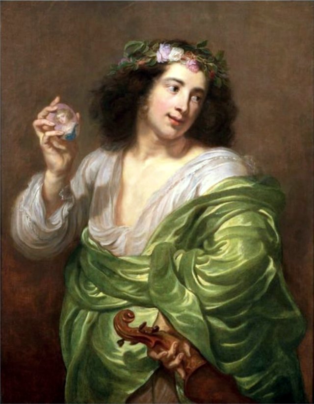 Portrait of a man holding a violin and a medallion with a miniature of a woman by Jan Cossiers