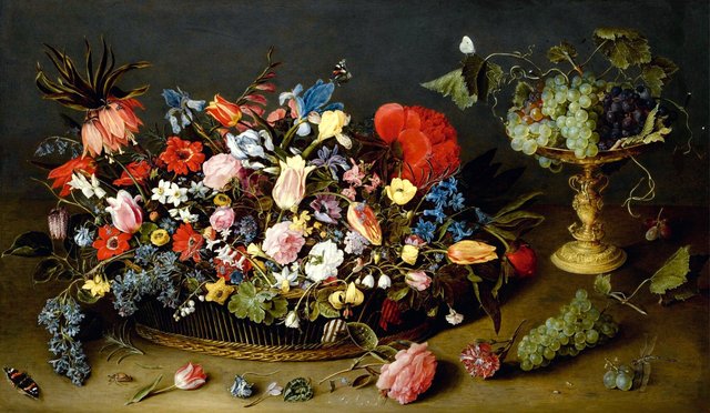 Elaborate basket of flowers and a tazza with grapes, on a table top by Jacob van Hulsdonck