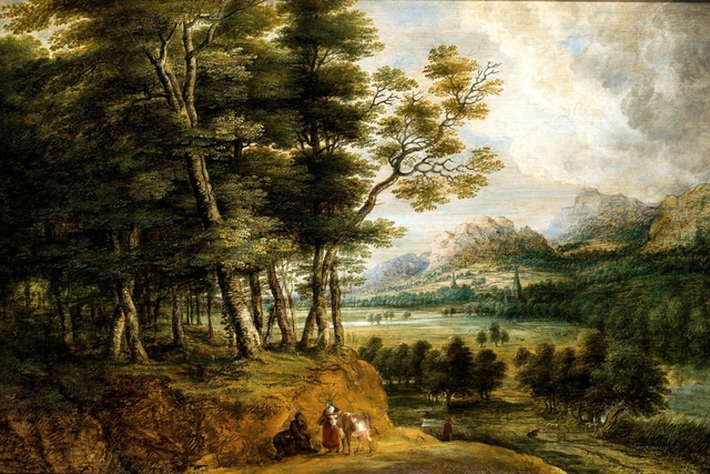 Extensive wooded landscape, drovers with their cattle in the foreground by Lucas van Uden