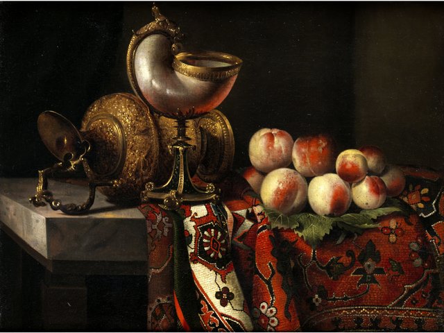Still life with nautilus cup and peaches by Pieter Boel