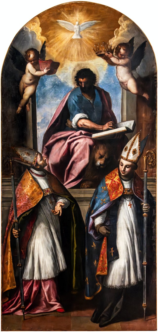 Saint Mark Enthroned with saints Charles Borromeo and Louis of Toulouse by Palma il Giovane
