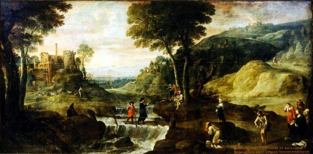 Landscape with the preaching of Saint Ivo by Lucas van Uden