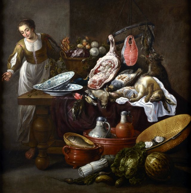 Large kitchen still life with a young woman by Adriaen van Utrecht