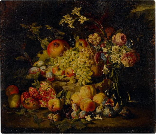 Still life of flowers and fruits, including pomegranates, peaches, and grapes by Abraham Brueghel