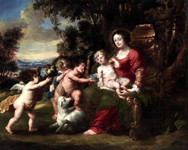 Virgin with child, the infant John the Baptist and putti by Jan Thomas van Ieperen
