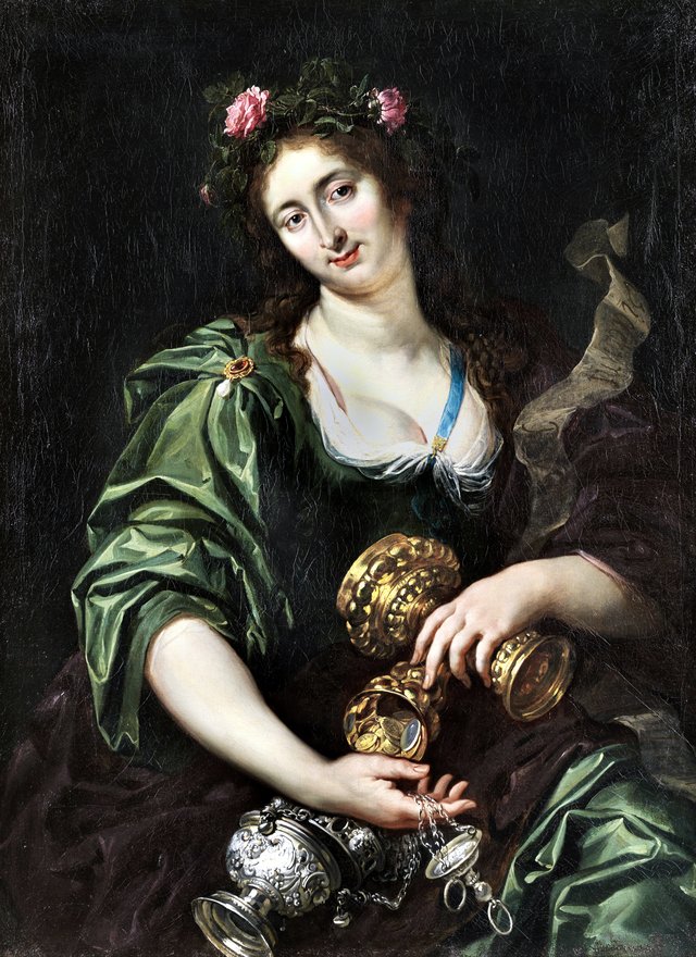 The Libyan sibyl as a courtly lady with decorative silverware and gold pieces by Jan van den Hoecke
