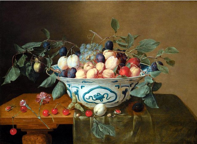 Still life of apricots, plums, red and white grapes in a Wan Li porcelain bowl, with cherries, hazlenuts, carnations and plums on a wooden tabletop by Jacob van Hulsdonck