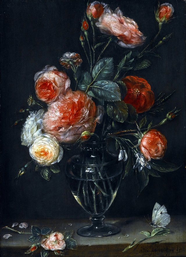 Still life of roses in a glass jar on a stone ledge with a butterfly by Alexander Adriaenssen