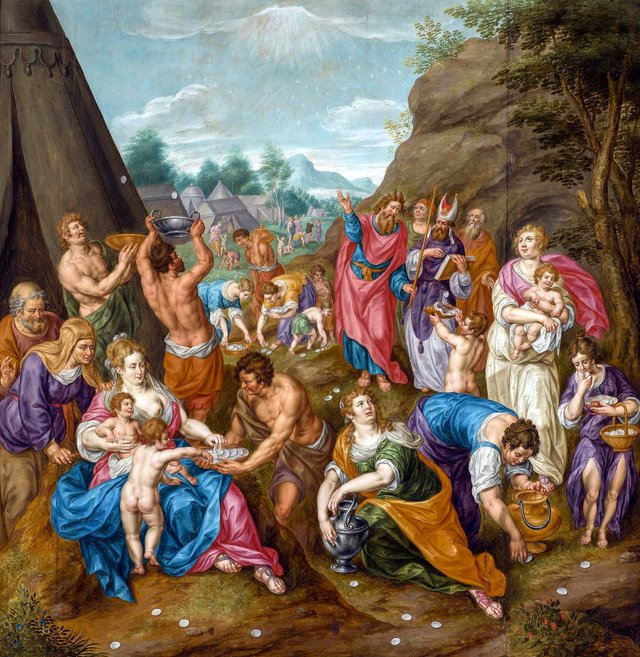 Israelites gathering Manna. by Hendrick de Clerck