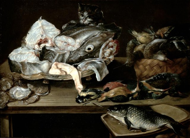 Still Life with Fish and Cat by Alexander Adriaenssen