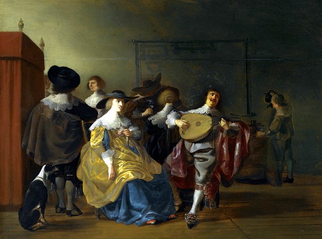 Elegant company in conversation playing games and drinking in an interior by Anthonie Palamedesz.