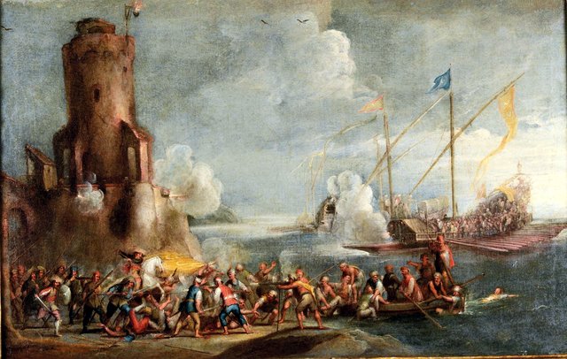 Coastal battle between Christians and Turks by Cornelis de Wael