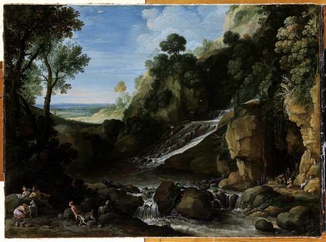 Berglandschap met saters en geiten bij een waterval by Paul Bril