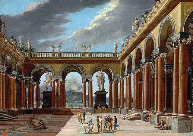 Architectural capriccio of a loggia with elegantly-dressed figures by Viviano Codazzi