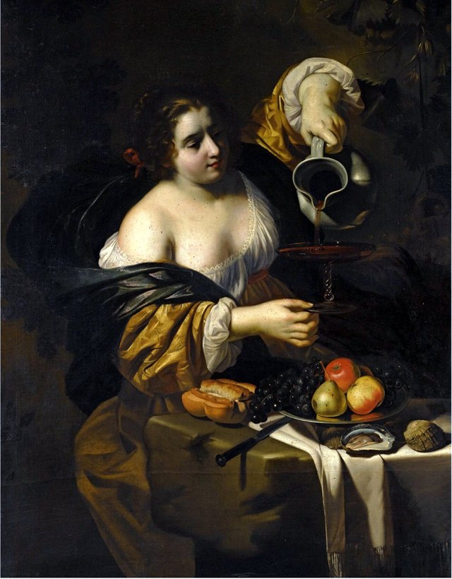 Young woman pouring red wine from a pitcher into a glass by Nicolas Régnier