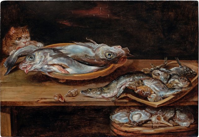 Still life with fish, oysters, shells, and a thieving cat on a wooden tabletop by Alexander Adriaenssen