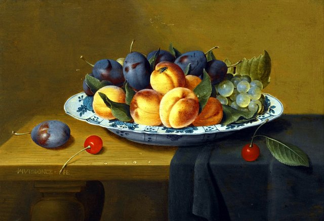 Still life with peaches, plums and grapes in a Wan-Li porcelain dish, all upon a ledge partially drapes with a green cloth by Jacob van Hulsdonck