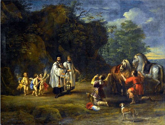 A nobleman and his servant dismount to honour the blessed sacrament. by Lucas van Uden