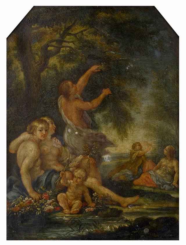 Spring: Nymphs and a cherub by a woodland stream by Filippo Lauri