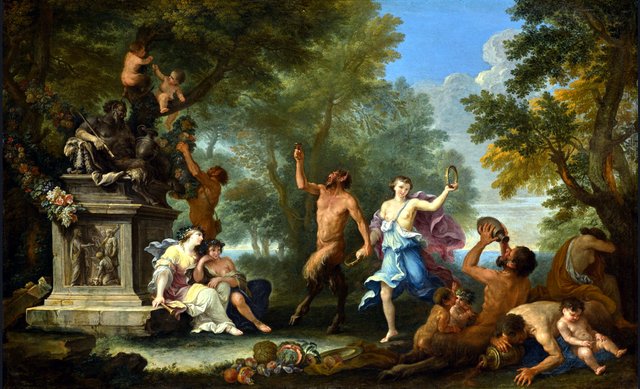 A Bacchanal, with offerings strewn around a statue of Pan by Filippo Lauri